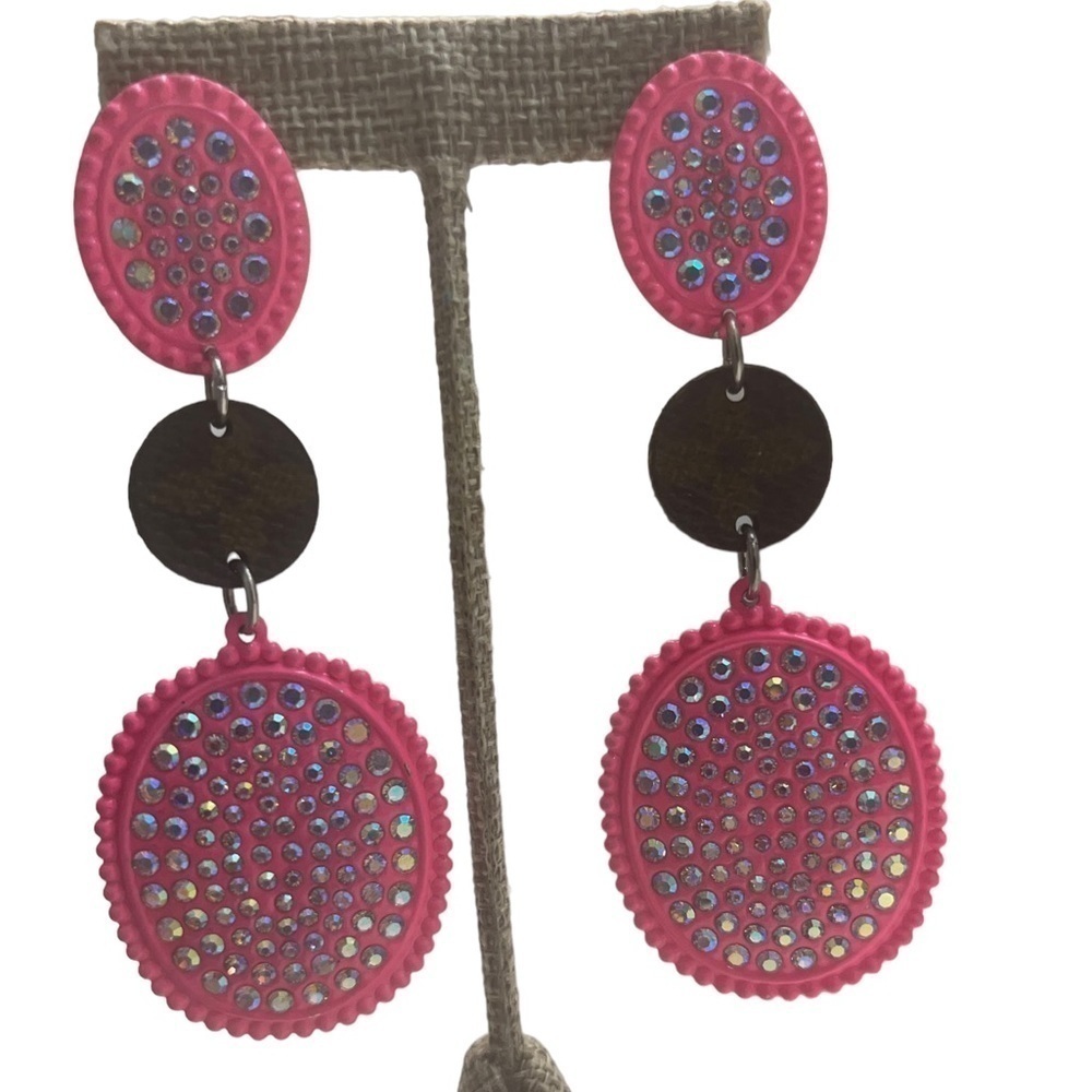 Louis Vuitton upcycled hot pink earrings with crystals through out.